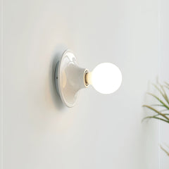 White disc wall sconce with a lit opal globe bulb near a plant