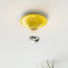 Yellow disc ceiling light with an electroplated bulb above a leafy plant
