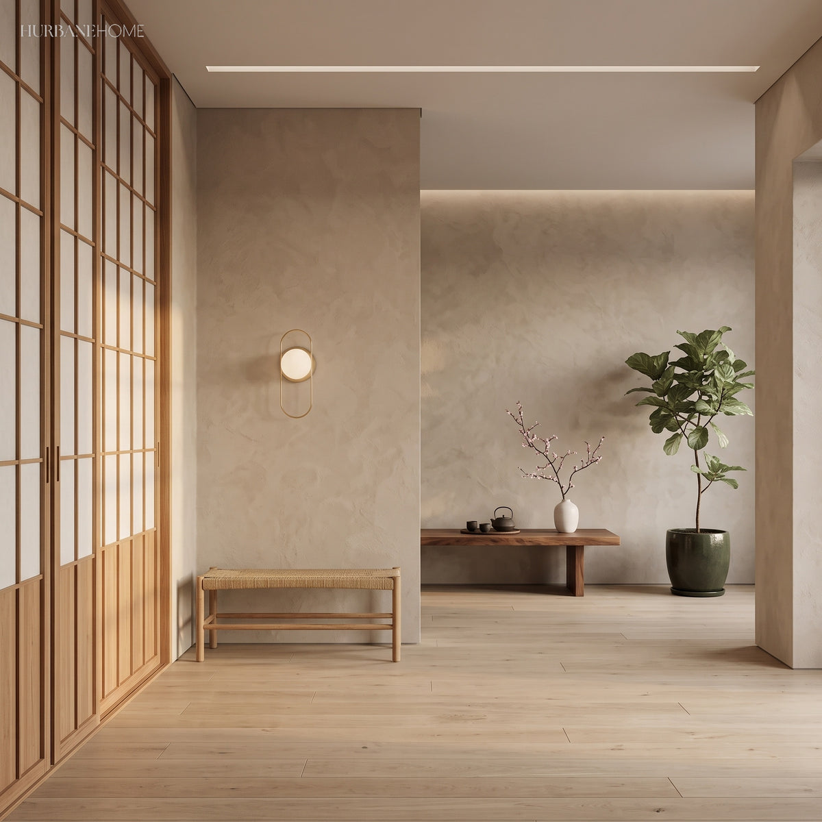Globe wall sconce lit in a pale hallway beside slatted screens and a bench