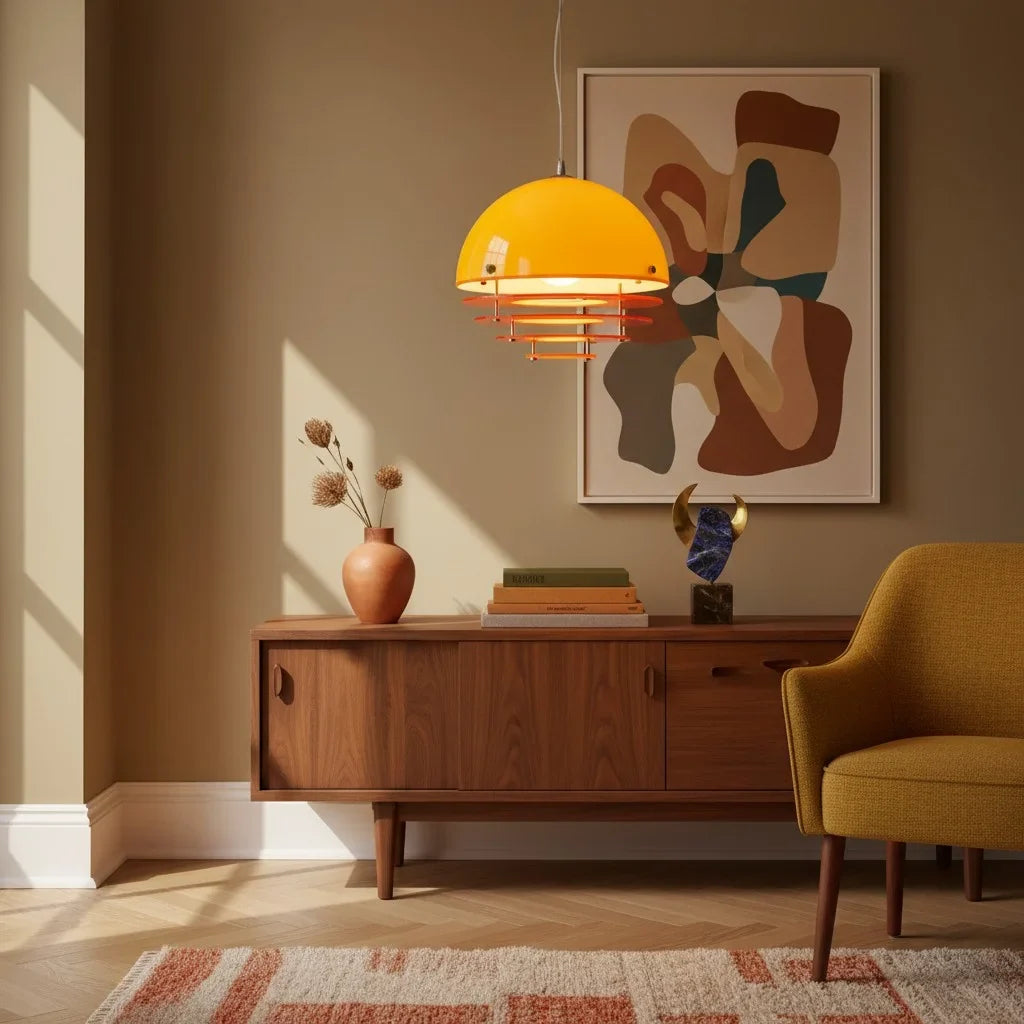 Orange dome pendant glowing over a table in a warm styled interior