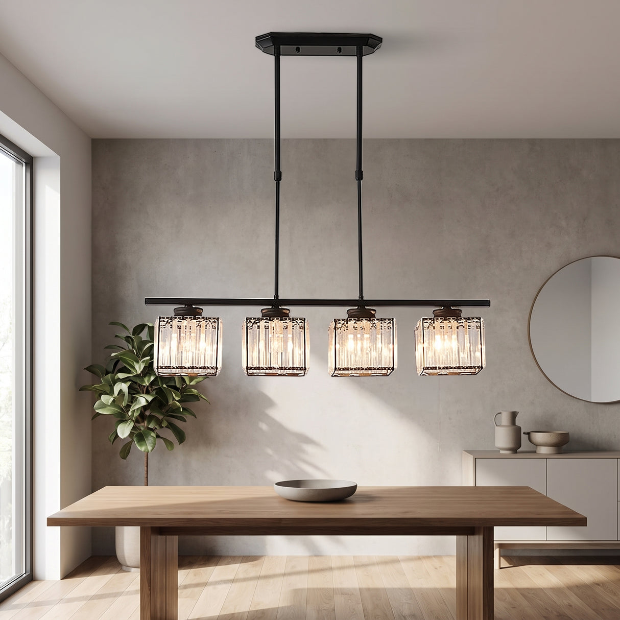 Modern kitchen island pendant light in black lighting a pale dining room