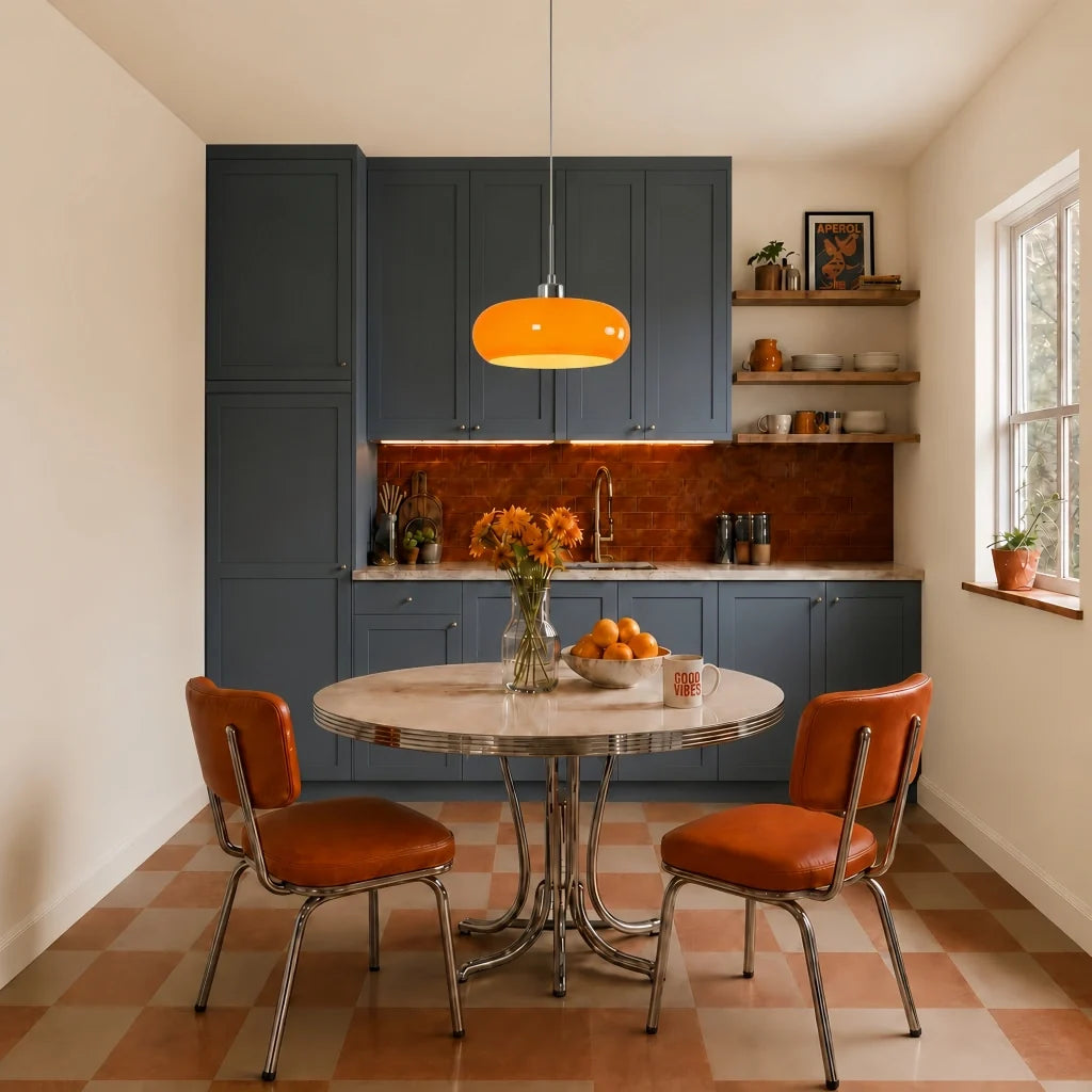 Orange glass pendant light in a blue-cabinet kitchen with checkerboard floor