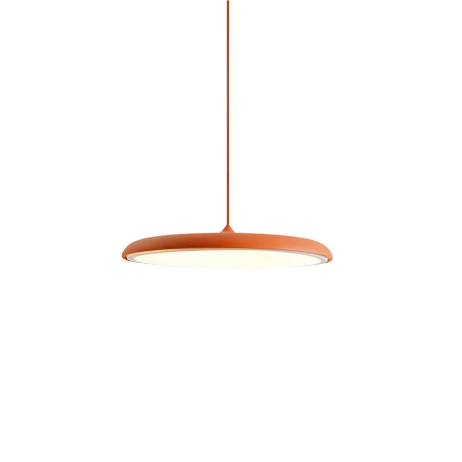 Dark blue disc pendant light shown from a raised side angle