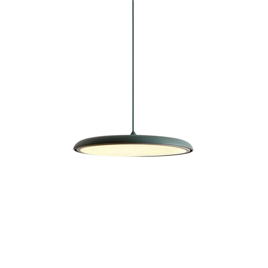 Grey disc pendant light hanging from a slim adjustable suspension wire
