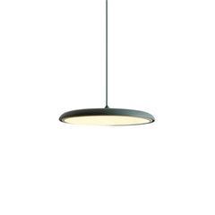 Grey disc pendant light hanging from a slim adjustable suspension wire