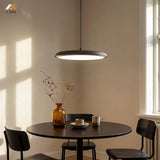 Grey disc pendant light shown against a soft neutral studio background