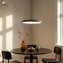 Grey disc pendant light shown against a soft neutral studio background