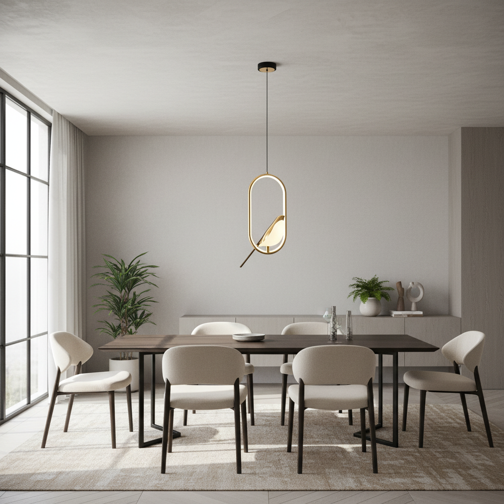 A modern dining room featuring a dark wood rectangular table with six upholstered chairs in a neutral beige and white palette, illuminated by a sleek oval pendant light hanging above.