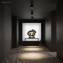 Black surface mount spotlights lighting a bronze sculpture in dark hallway