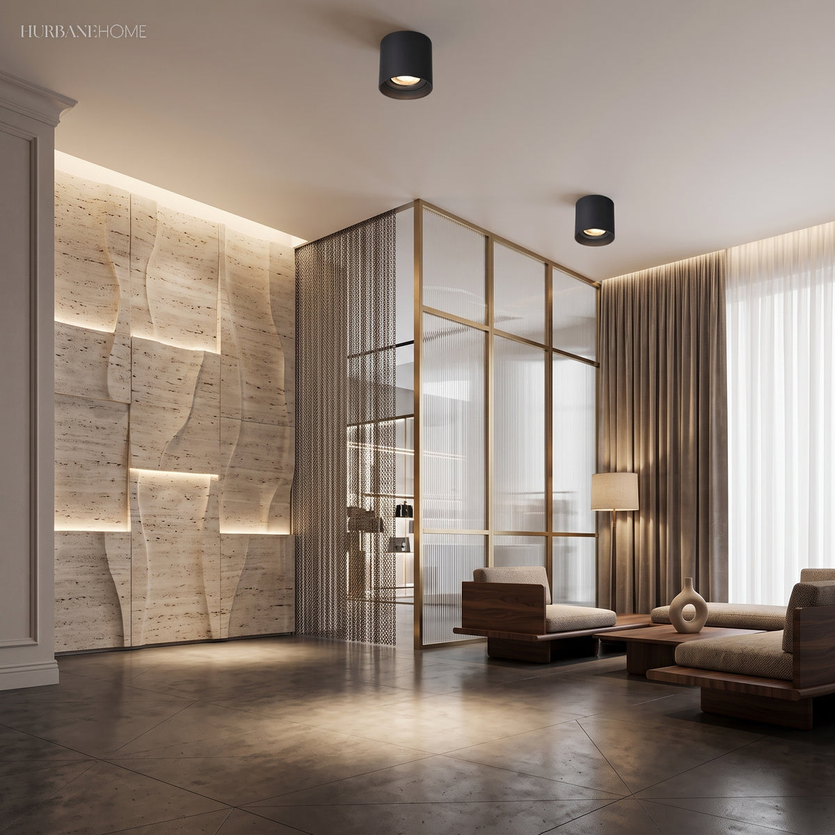 Ceiling spotlights above a living room with fluted stone feature wall