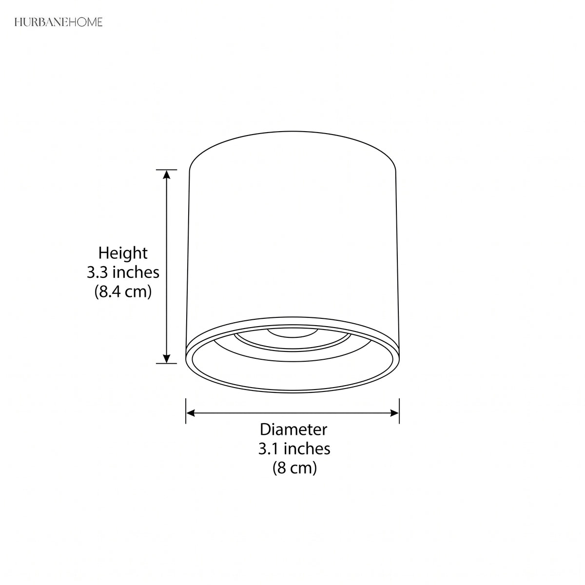 Line drawing of ceiling spotlight, 3.3 inch height by 3.1 inch diameter