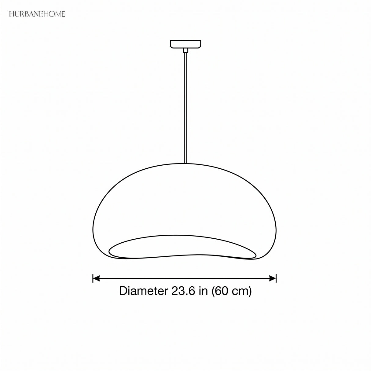 Line drawing showing pendant light diameter measurement in inches and centimetres