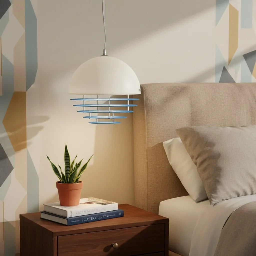 Dome pendant hanging over a kitchen surface with a warm ambient light