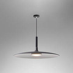 Black saucer pendant shade shown lit on a grey background