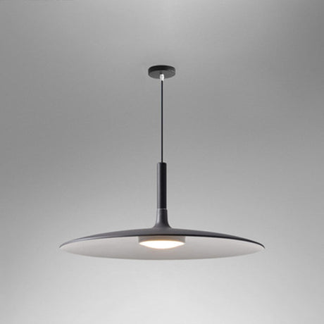 Black saucer pendant shade shown lit on a grey background