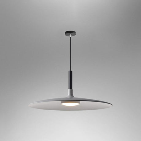 Grey saucer pendant shade shown at a low angle on grey
