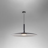 Grey saucer pendant shade shown lit on a grey background