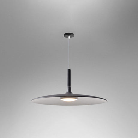 Grey saucer pendant shade shown lit on a grey background