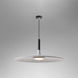White saucer pendant shade shown lit on a grey background