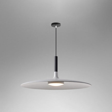 White saucer pendant shade shown lit on a grey background