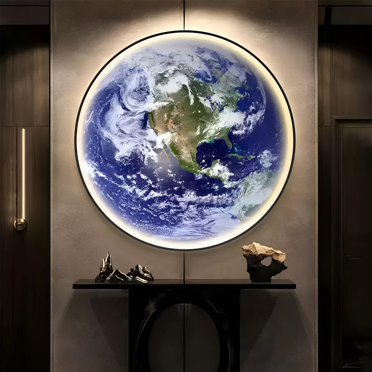 Illuminated Earth globe wall sconce detail view 1 showing finish and construction