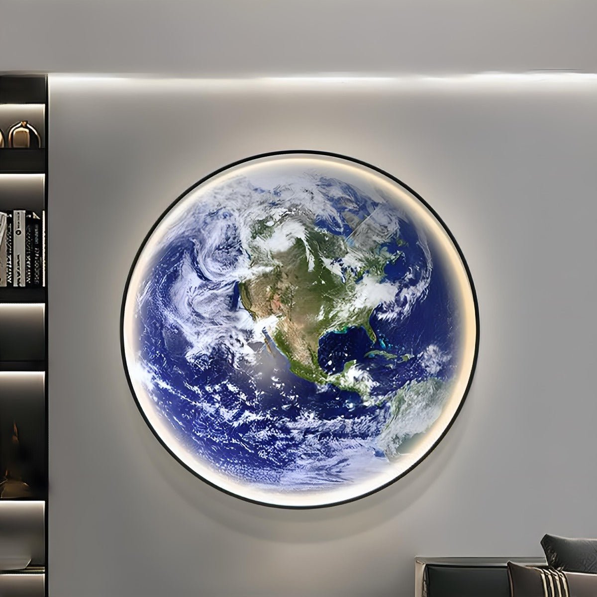 Illuminated Earth globe wall sconce detail view 3 showing finish and construction