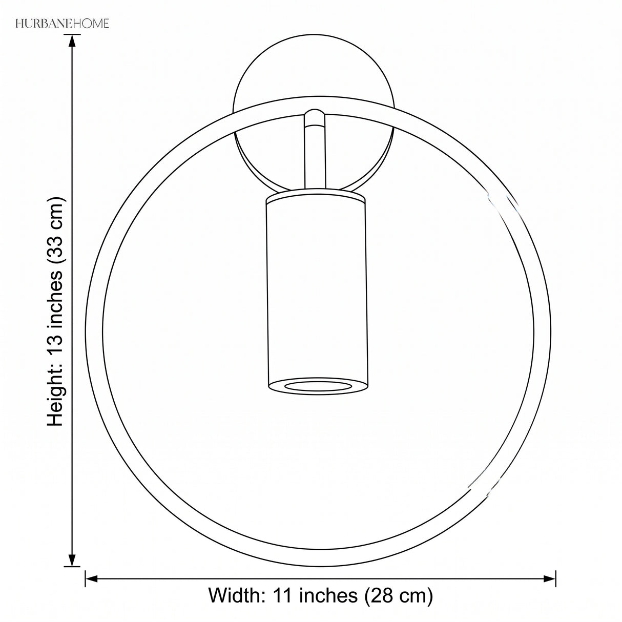 Line drawing showing 13 in height and 11 in width of the ring