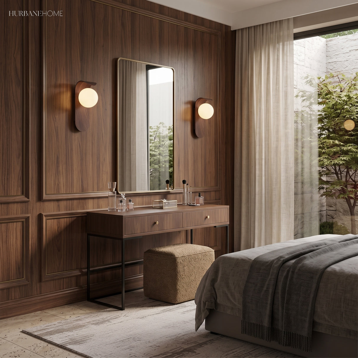 Pair of modern wall sconces flanking a mirror in a bedroom dressing area
