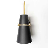 Black cone shade sconce hanging from a slim brass hook arm
