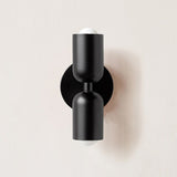 Two black cylinders mounted on a black round backplate