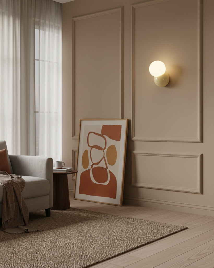 Wall sconce on a panelled beige wall in a living room with a leaning artwork