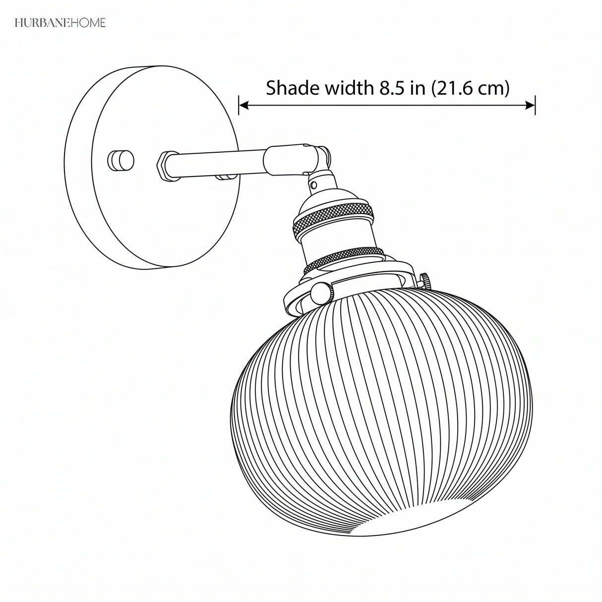 Line drawing of the sconce with a shade width of 8.5 in marked
