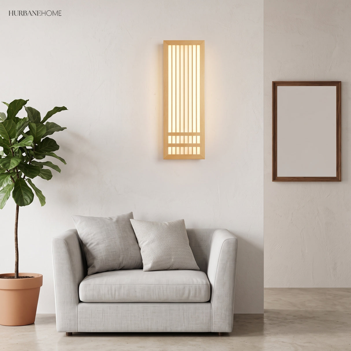 Light wood LED wall sconce glowing above a pale sofa in a living room