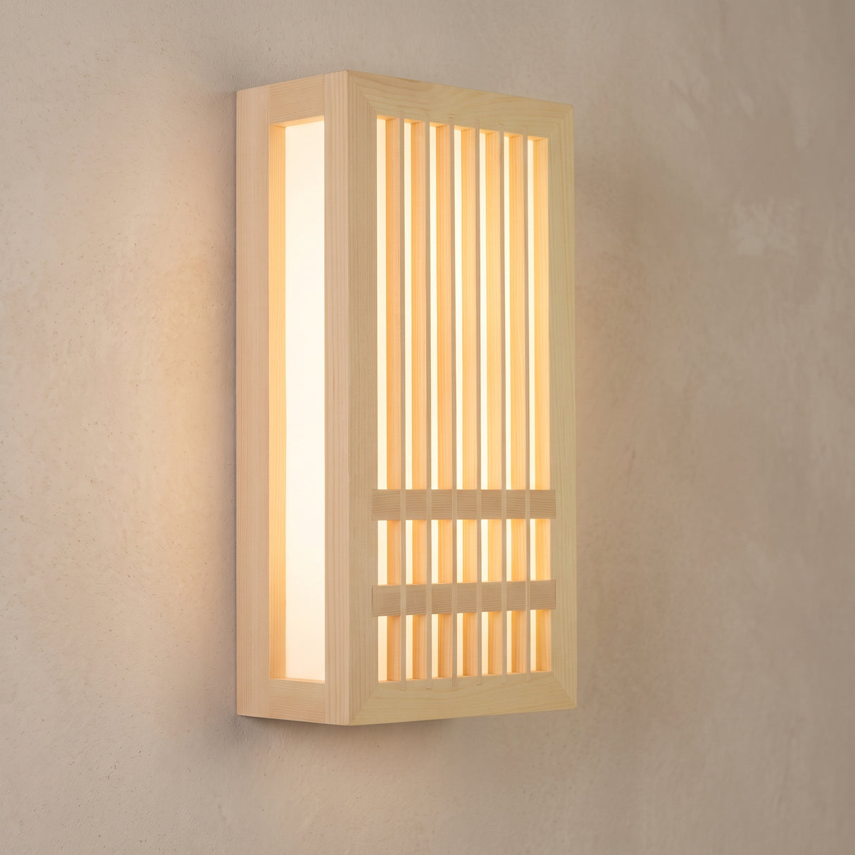 Rectangular wood slat LED wall sconce with a glowing acrylic front and side panel