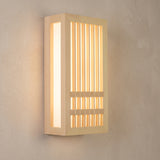 Rectangular wood slat LED wall sconce with a glowing acrylic front and side panel
