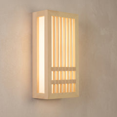 Rectangular wood slat LED wall sconce with a glowing acrylic front and side panel