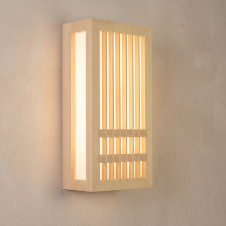 Rectangular wood slat LED wall sconce with a glowing acrylic front and side panel