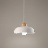 White aluminum dome pendant shade with a natural wood top on a black cord