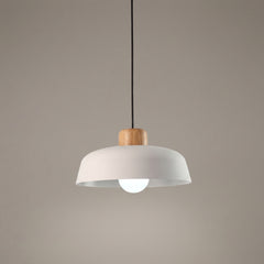 White aluminum dome pendant shade with a natural wood top on a black cord
