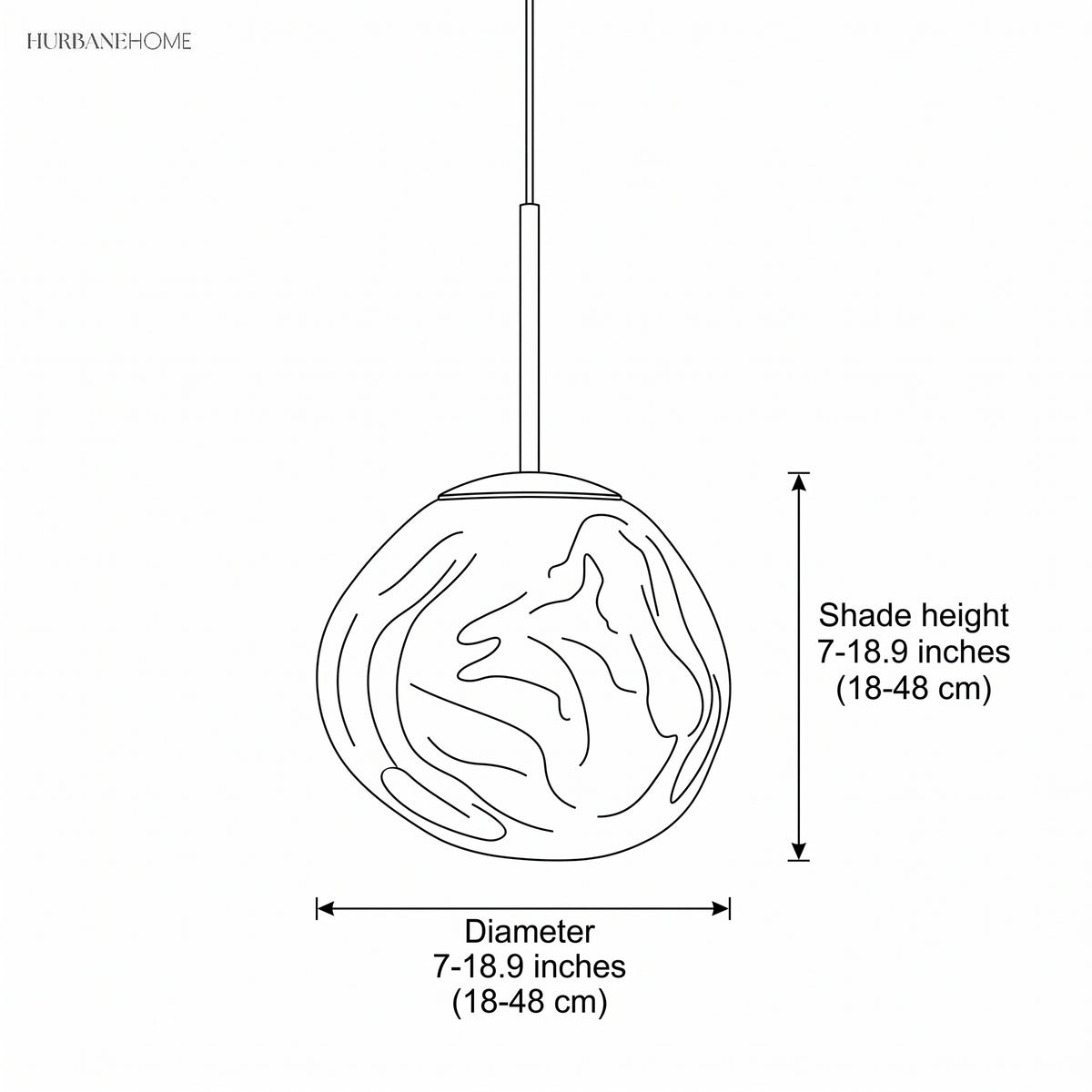Line drawing of the molten shade marked 7 to 18.9 inches in diameter and height