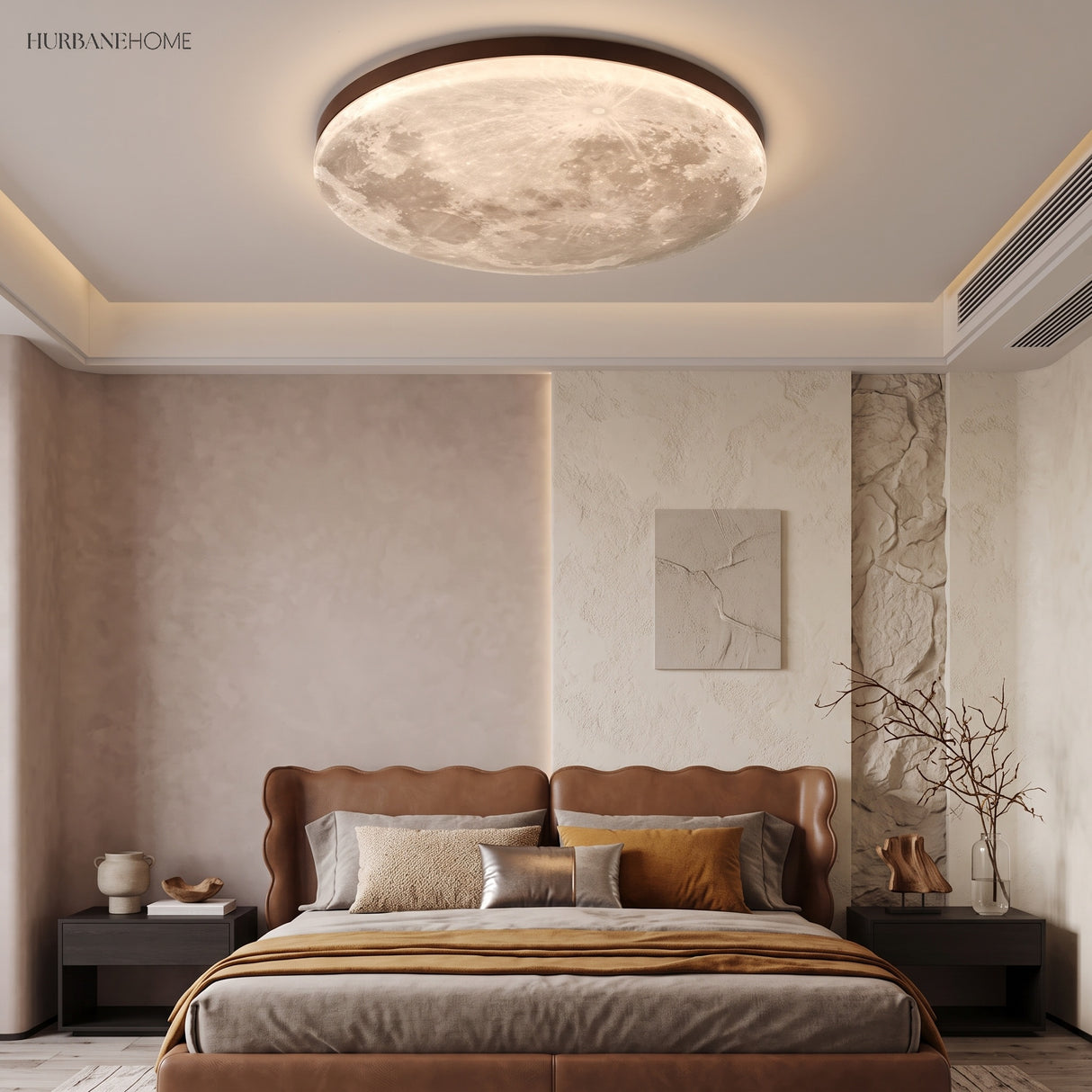 Walnut-rim moon ceiling light over a leather bed and stone-textured wall