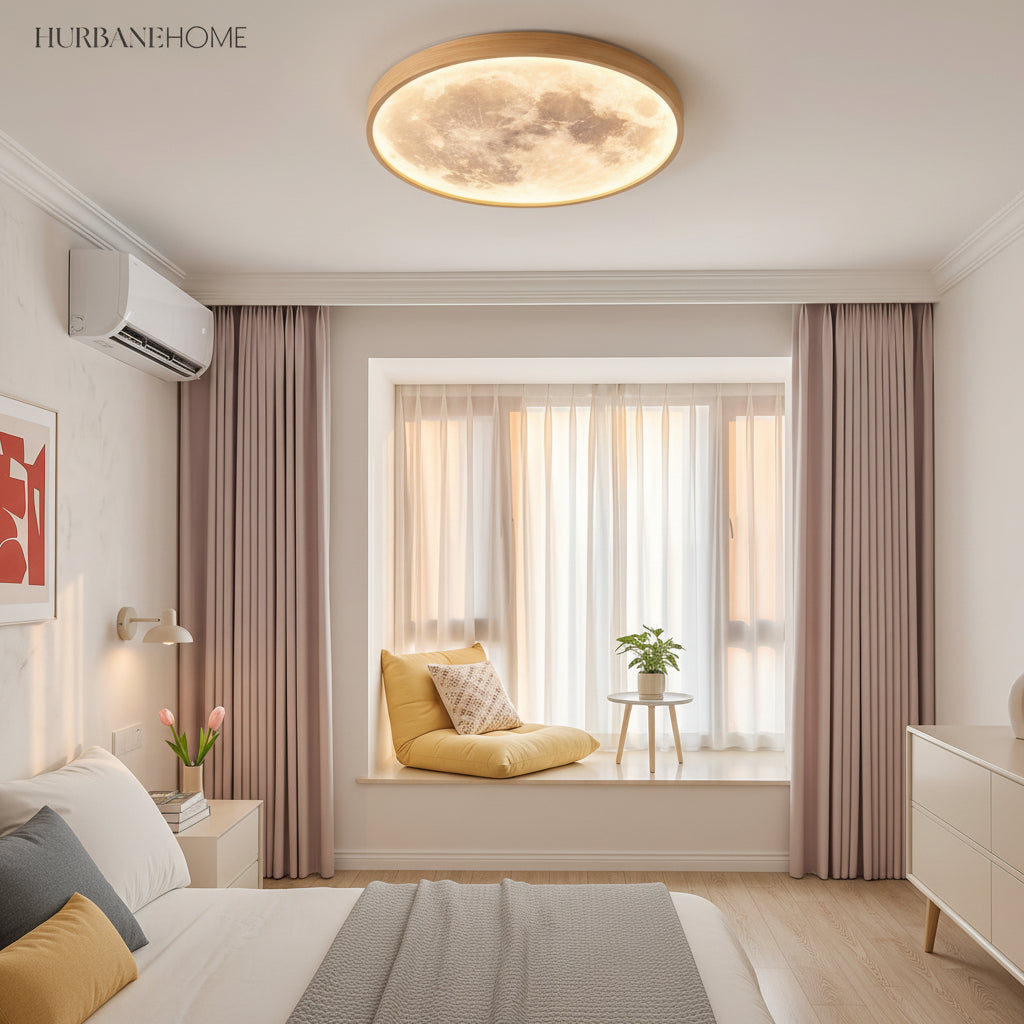 Moon ceiling light above a cushioned window seat with draped curtains
