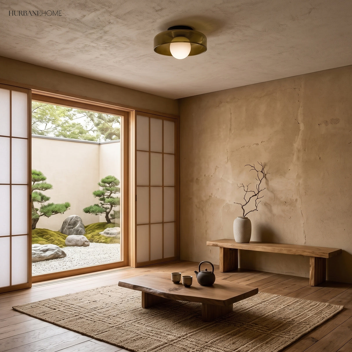 Olive disc ceiling light in a Japandi living room