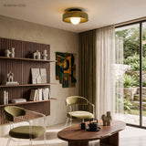 Olive disc ceiling light in a room with shelving