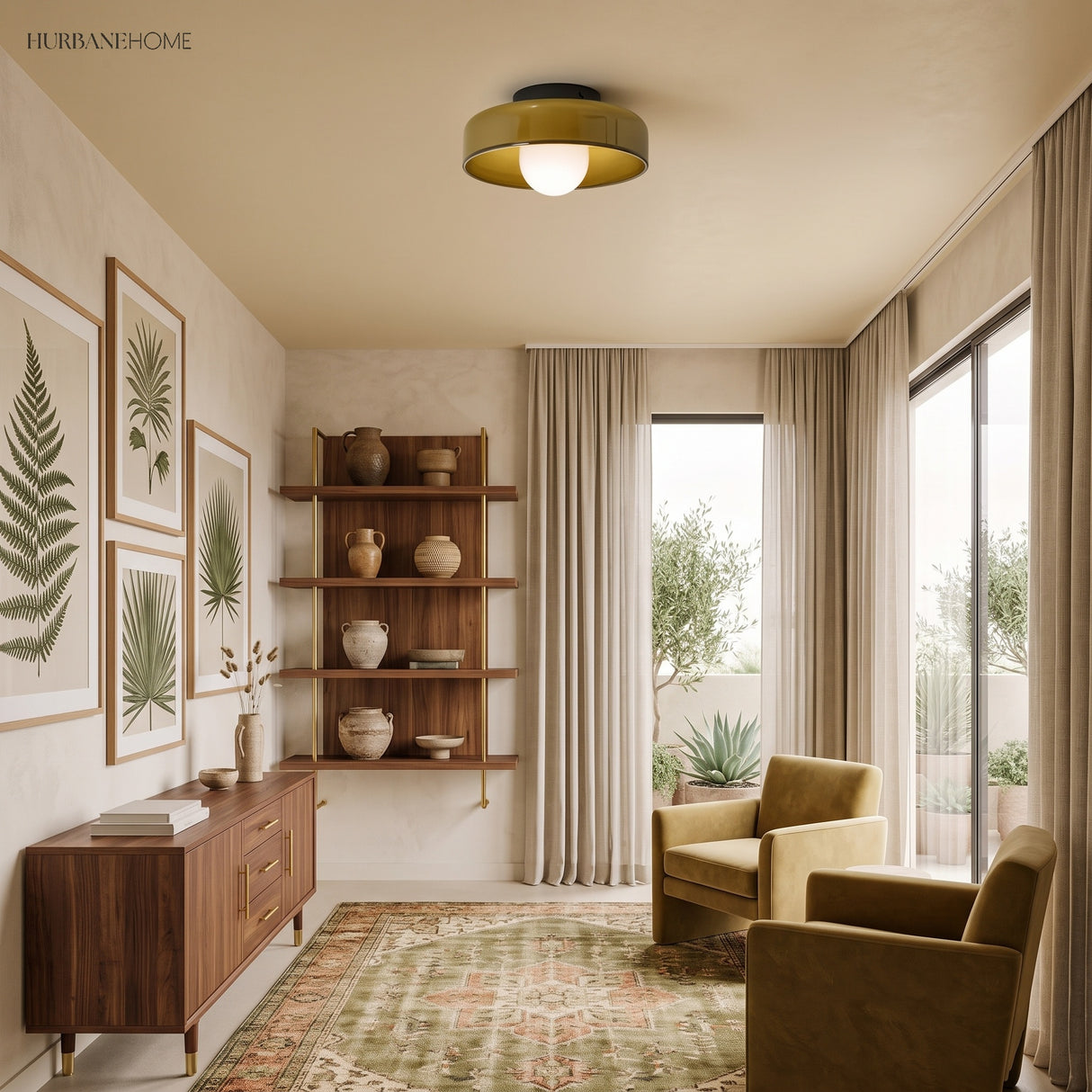 Olive disc ceiling light in a plant-filled room