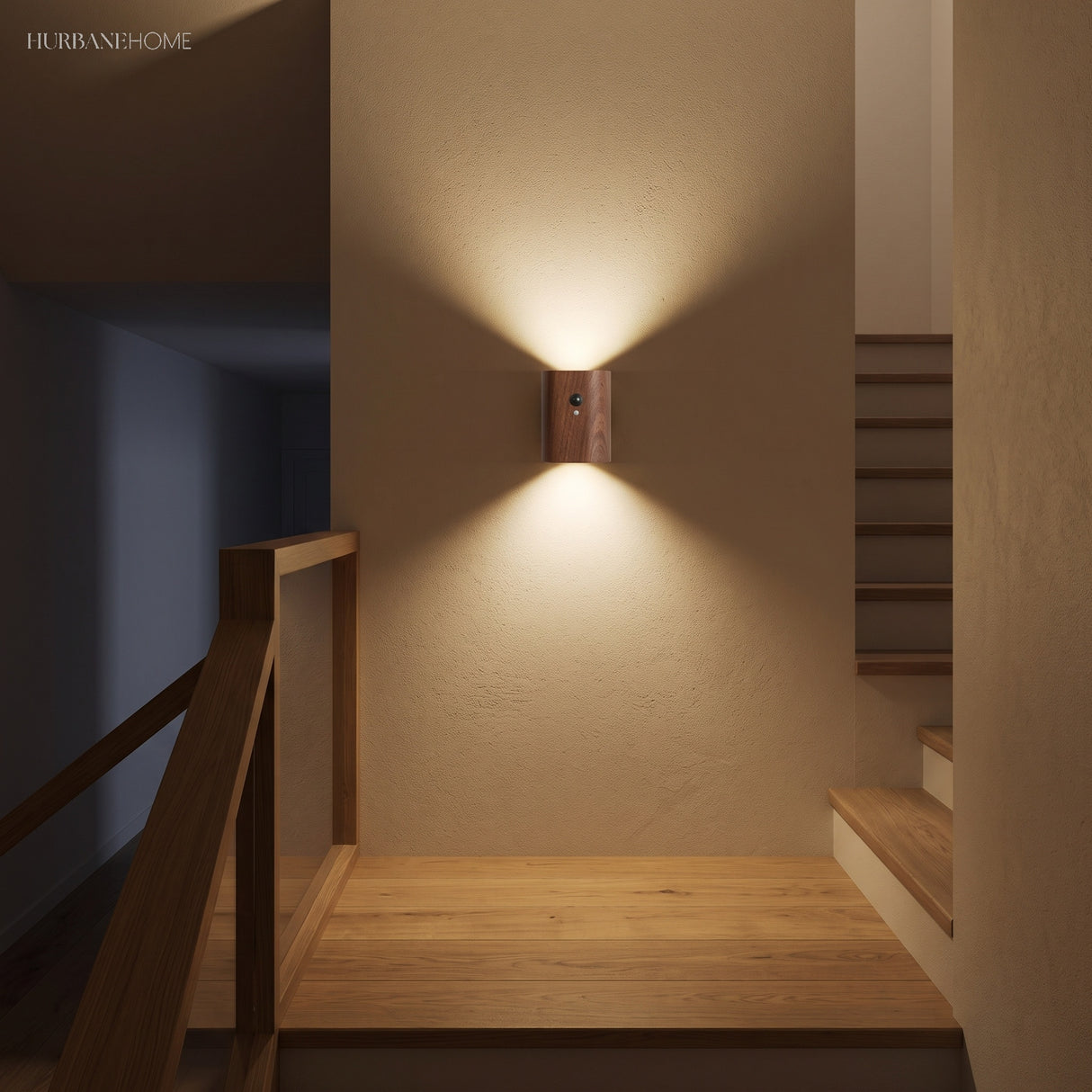 Wood sensor wall light lit on a wall above a timber staircase