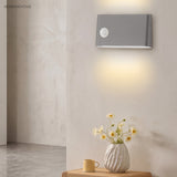 Grey motion sensor wall light in an entryway above flowers