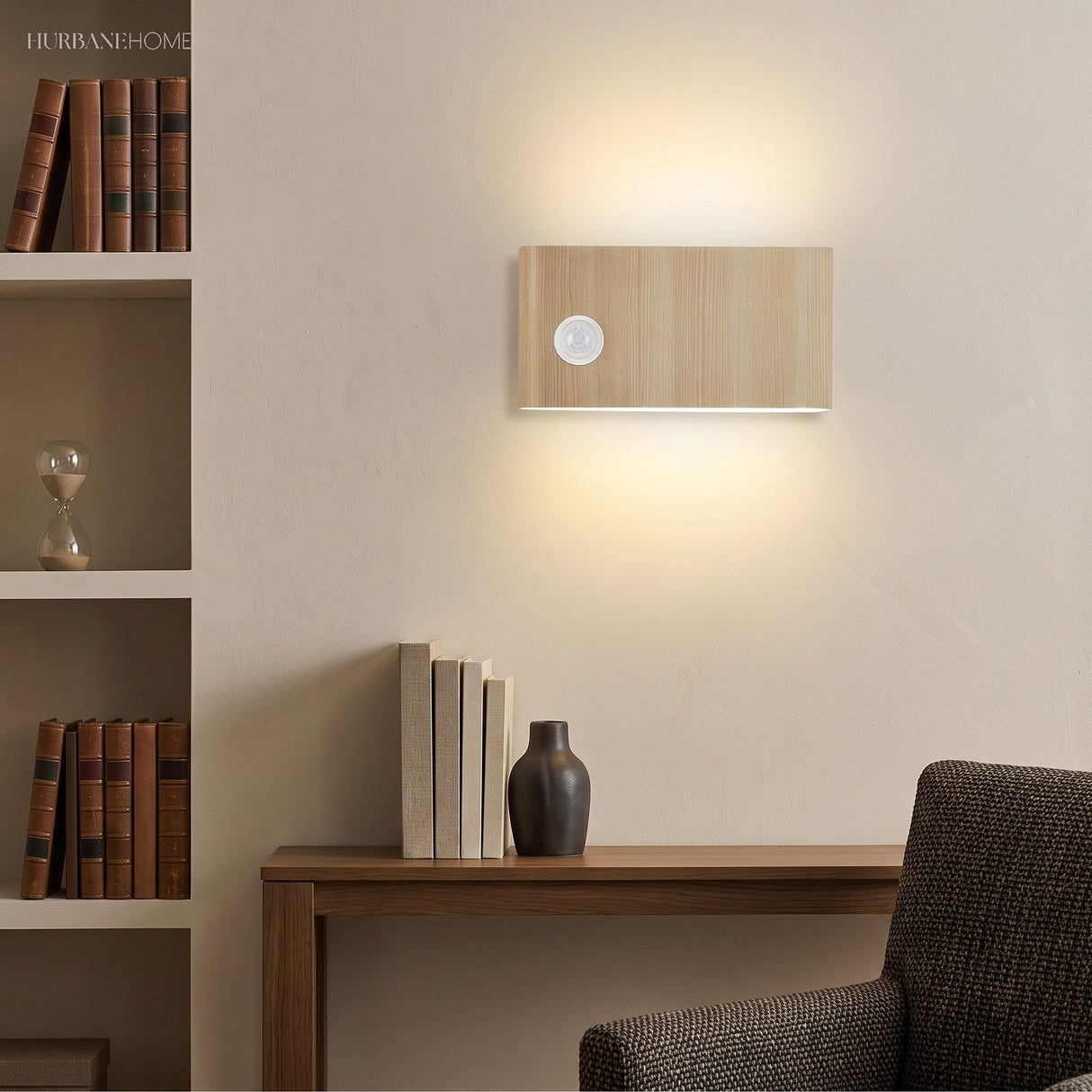 Wood wall-mounted sensor light in a study nook with bookshelf