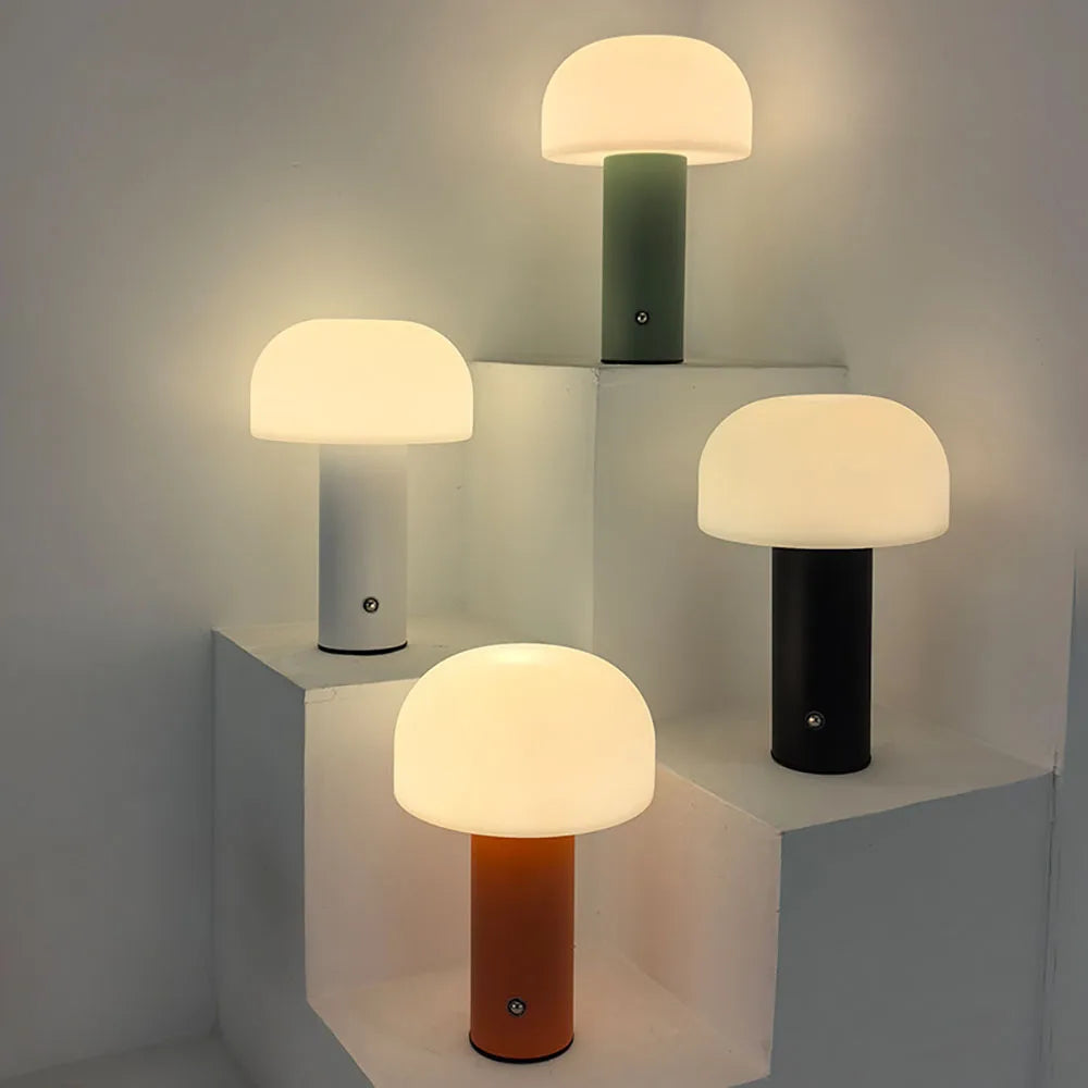 Mushroom LED lamp shown in all four colors
