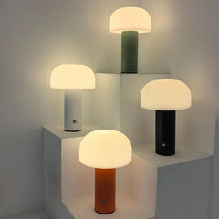 Mushroom LED lamp shown in all four colors